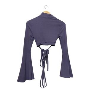 Marenie Ribbed Cutout Crop Top Bell Sleeve Tie Back Purple Mock Neck Small